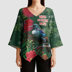 Tui Meri Kirihimete Personalised Kimono Sleeve Blouse Pohutukawa Flowers Green Motif - Aussie Hoodie