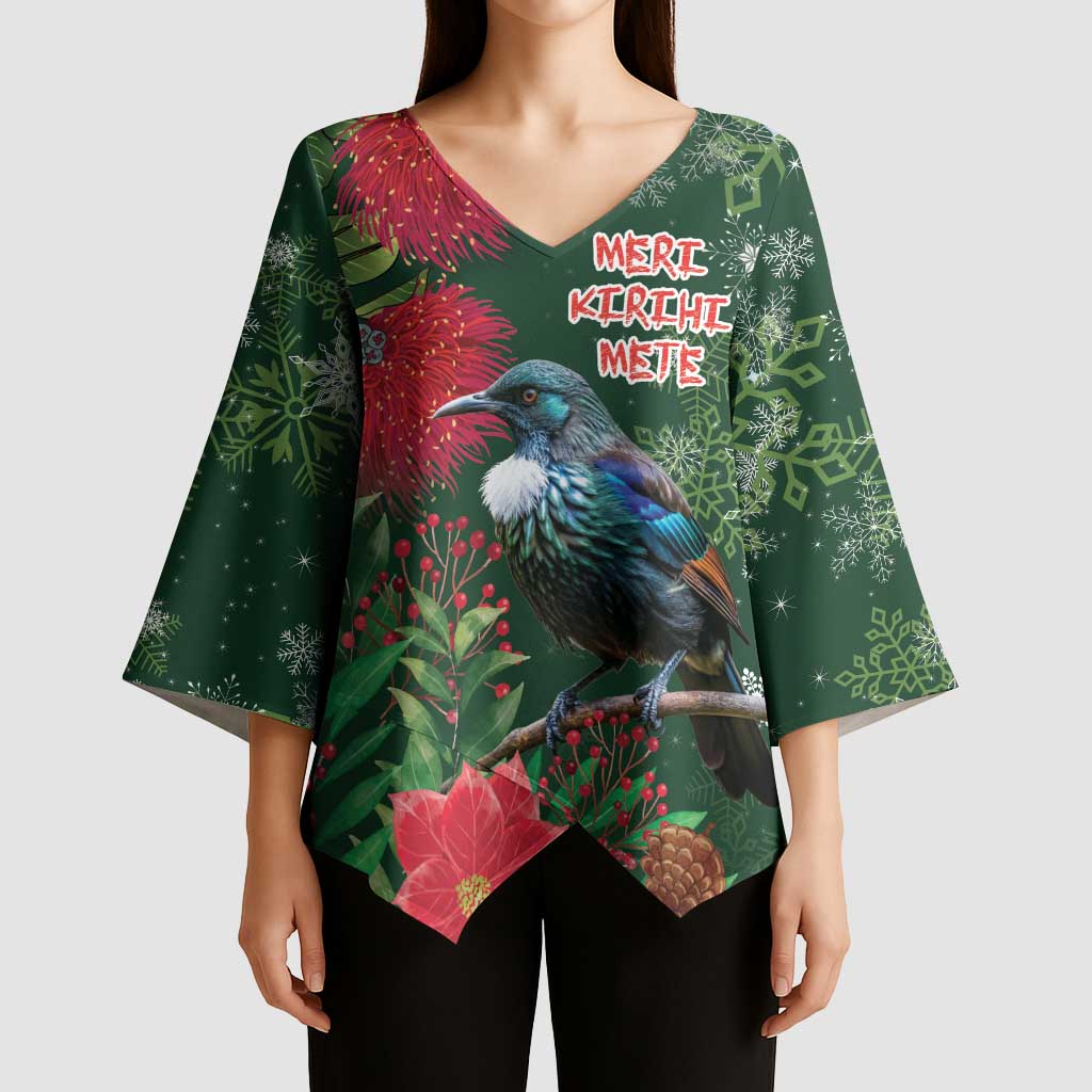 Tui Meri Kirihimete Personalised Kimono Sleeve Blouse Pohutukawa Flowers Green Motif - Aussie Hoodie