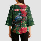 Tui Meri Kirihimete Personalised Kimono Sleeve Blouse Pohutukawa Flowers Green Motif - Aussie Hoodie