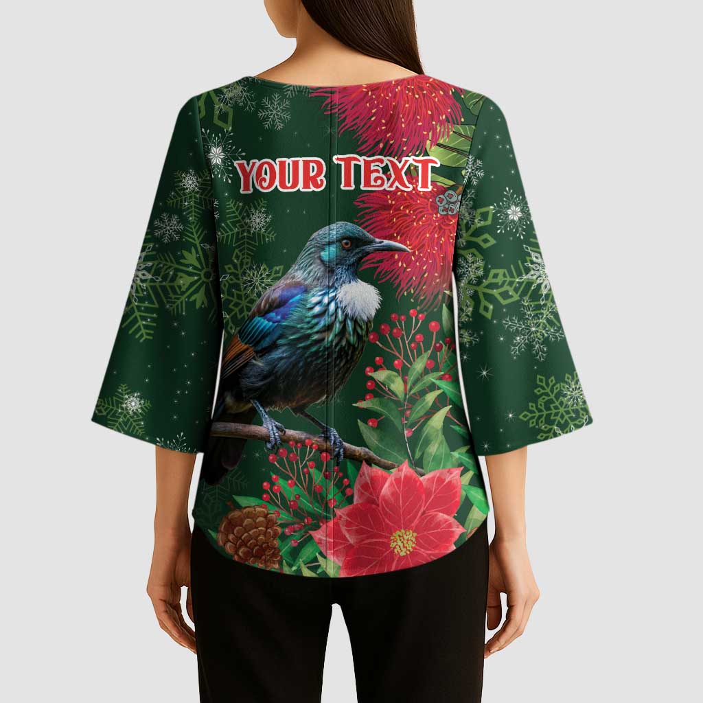 Tui Meri Kirihimete Personalised Kimono Sleeve Blouse Pohutukawa Flowers Green Motif - Aussie Hoodie