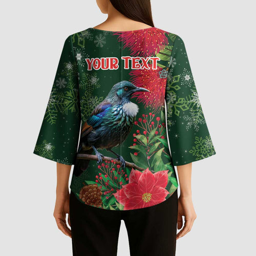 Tui Meri Kirihimete Personalised Kimono Sleeve Blouse Pohutukawa Flowers Green Motif - Aussie Hoodie