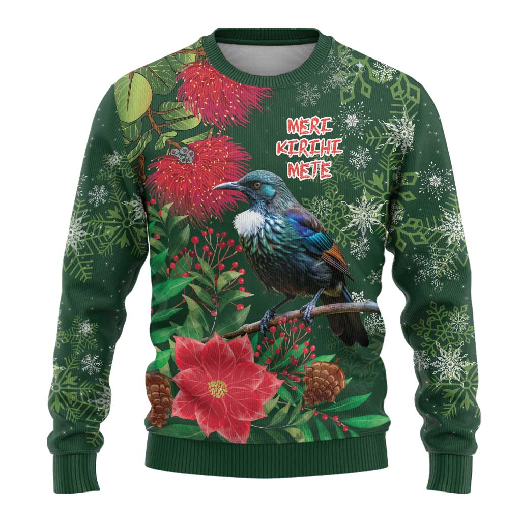 Tui Meri Kirihimete Personalised Ugly Christmas Sweater Pohutukawa Flowers Green Motif - Aussie Hoodie