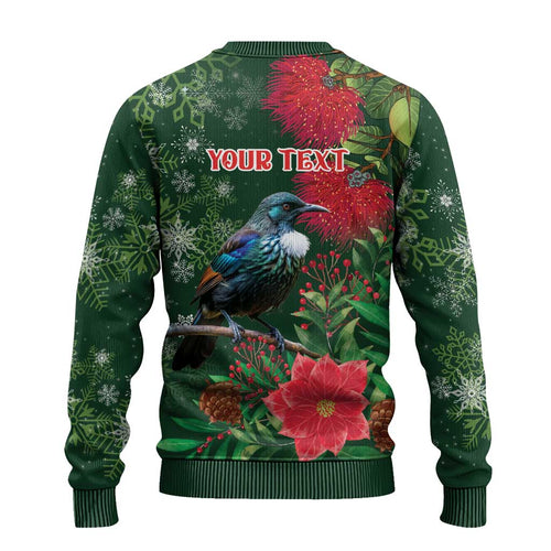 Tui Meri Kirihimete Personalised Ugly Christmas Sweater Pohutukawa Flowers Green Motif - Aussie Hoodie