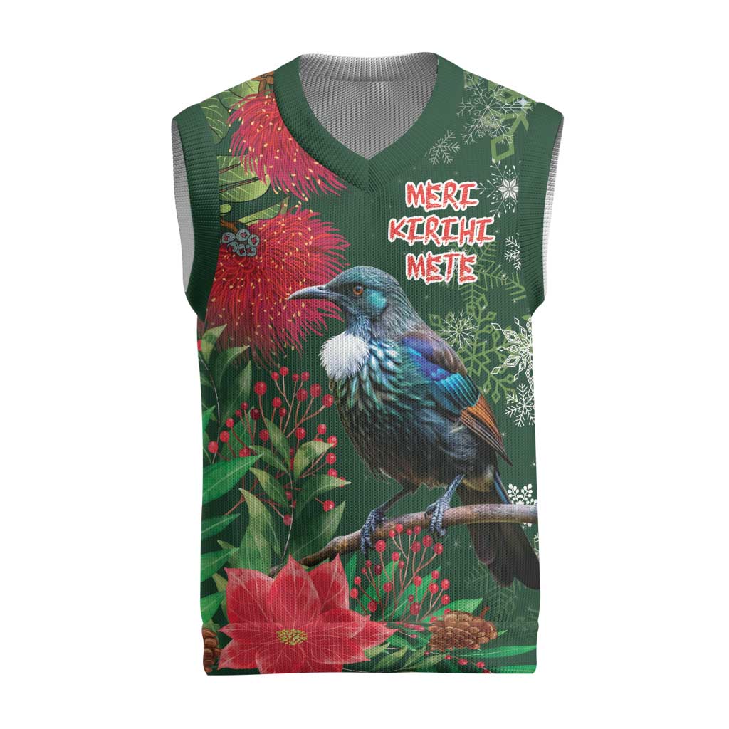 Tui Meri Kirihimete Personalised Christmas Knitted V-Neck Vest Pohutukawa Flowers Green Motif - Aussie Hoodie