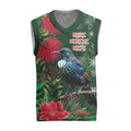 Tui Meri Kirihimete Personalised Christmas Knitted V-Neck Vest Pohutukawa Flowers Green Motif - Aussie Hoodie
