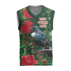Tui Meri Kirihimete Personalised Christmas Knitted V-Neck Vest Pohutukawa Flowers Green Motif - Aussie Hoodie