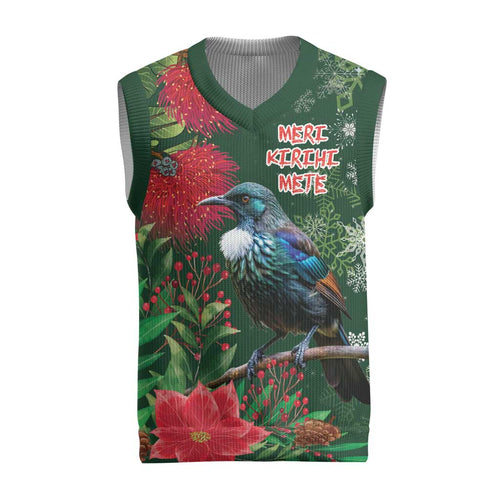 Tui Meri Kirihimete Personalised Christmas Knitted V-Neck Vest Pohutukawa Flowers Green Motif - Aussie Hoodie