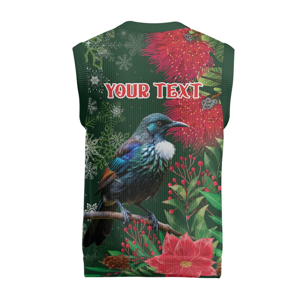 Tui Meri Kirihimete Personalised Christmas Knitted V-Neck Vest Pohutukawa Flowers Green Motif - Aussie Hoodie