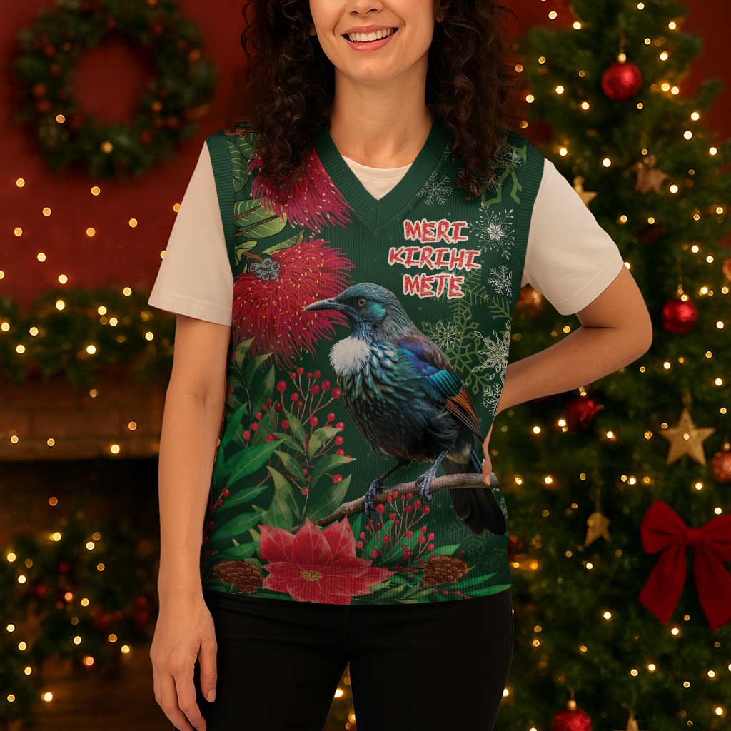 Tui Meri Kirihimete Personalised Christmas Knitted V-Neck Vest Pohutukawa Flowers Green Motif - Aussie Hoodie