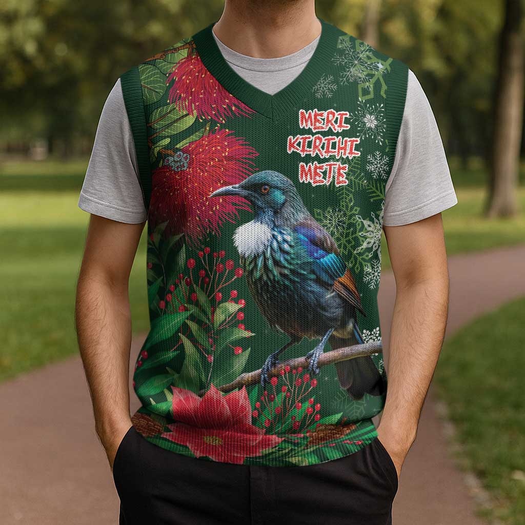 Tui Meri Kirihimete Personalised Christmas Knitted V-Neck Vest Pohutukawa Flowers Green Motif - Aussie Hoodie