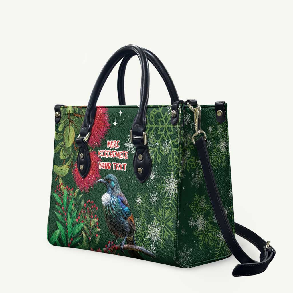 Tui Meri Kirihimete Personalised Leather Bag Pohutukawa Flowers Green Motif - Aussie Hoodie