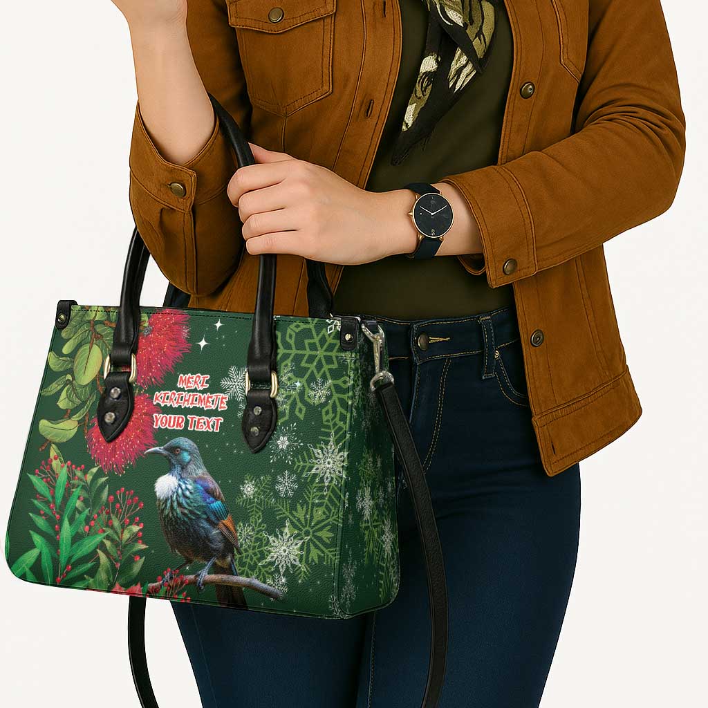 Tui Meri Kirihimete Personalised Leather Bag Pohutukawa Flowers Green Motif - Aussie Hoodie
