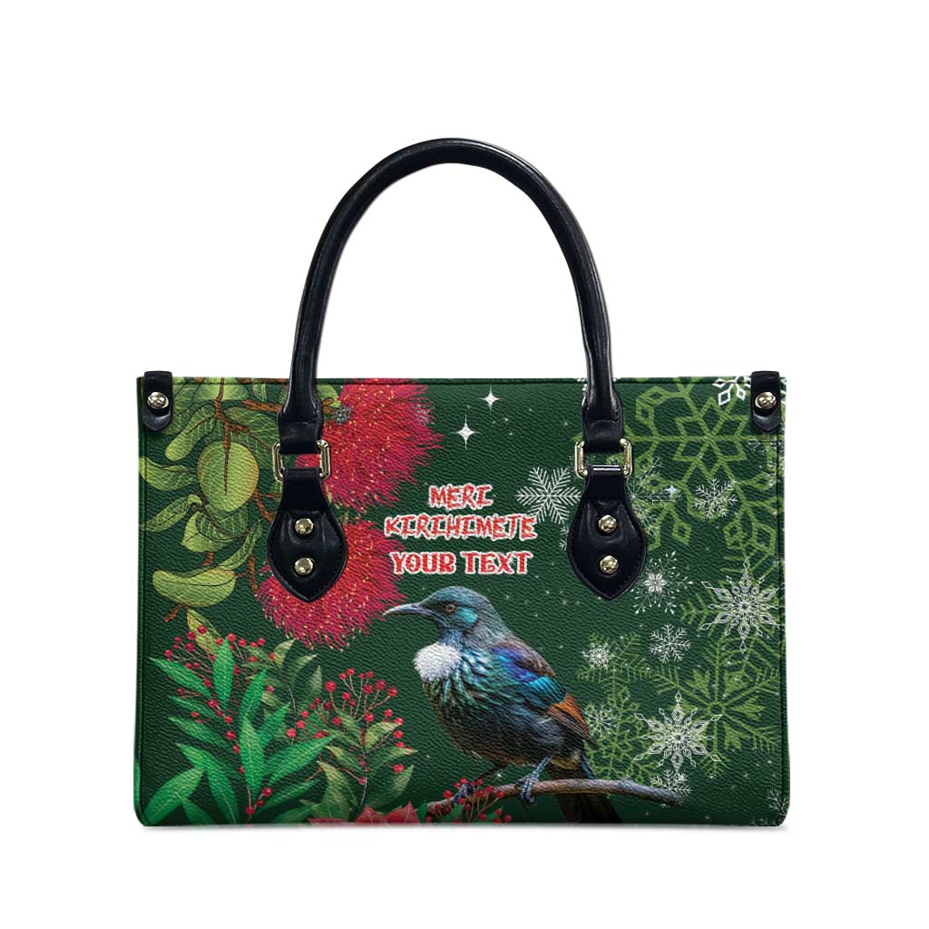 Tui Meri Kirihimete Personalised Leather Bag Pohutukawa Flowers Green Motif - Aussie Hoodie