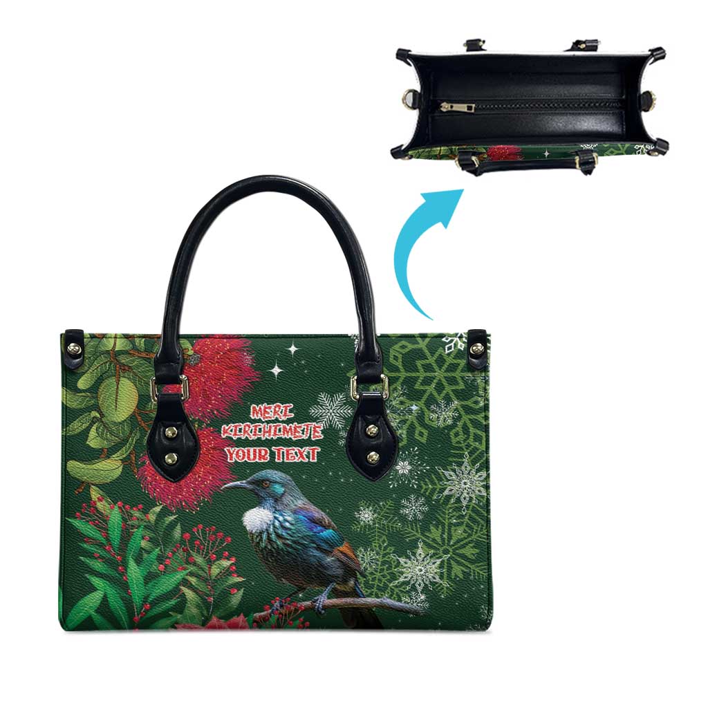 Tui Meri Kirihimete Personalised Leather Bag Pohutukawa Flowers Green Motif - Aussie Hoodie