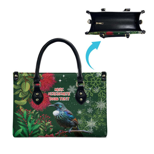 Tui Meri Kirihimete Personalised Leather Bag Pohutukawa Flowers Green Motif - Aussie Hoodie
