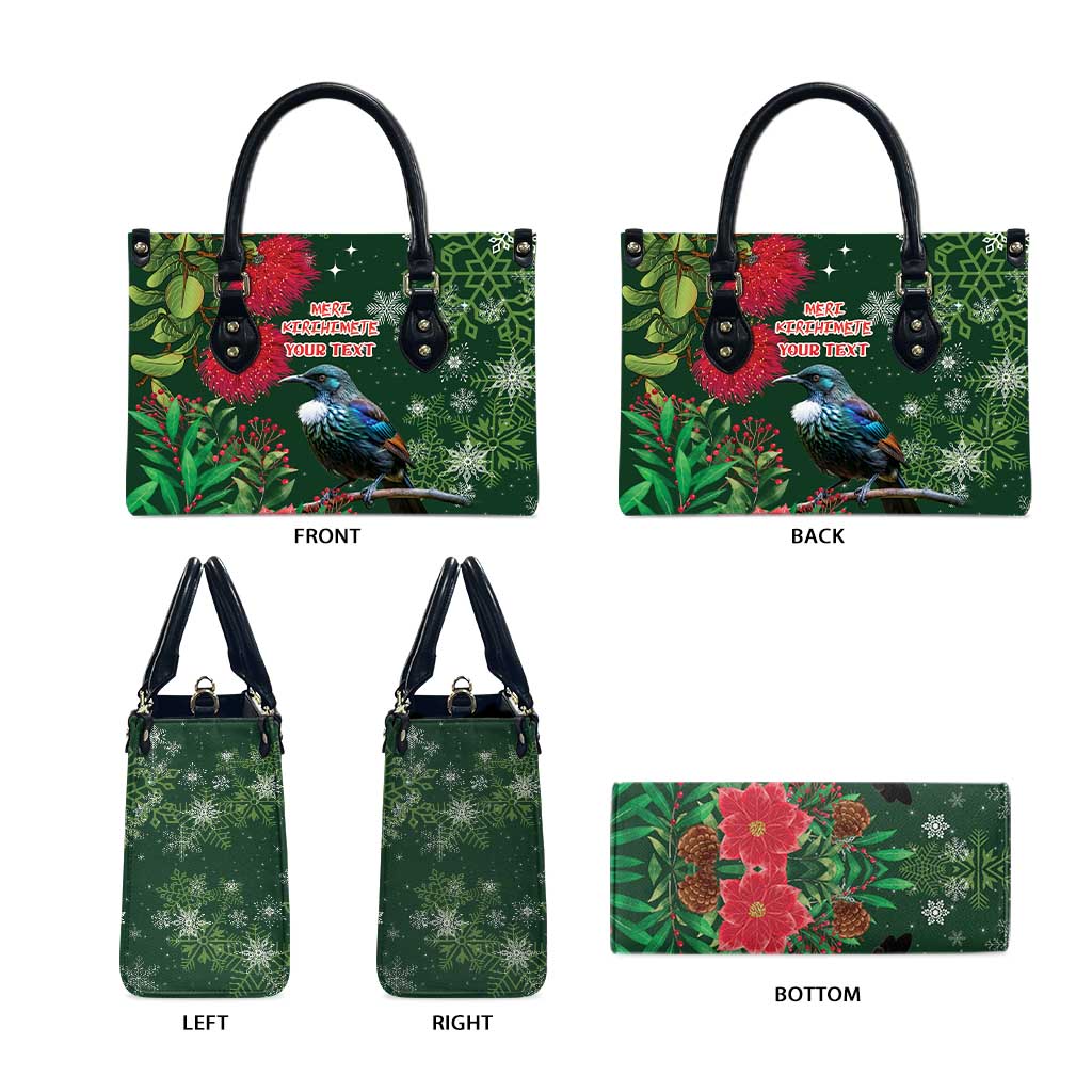 Tui Meri Kirihimete Personalised Leather Bag Pohutukawa Flowers Green Motif - Aussie Hoodie