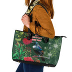 Tui Meri Kirihimete Personalised Leather Tote Bag Pohutukawa Flowers Green Motif - Aussie Hoodie