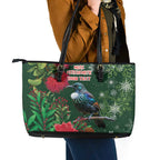 Tui Meri Kirihimete Personalised Leather Tote Bag Pohutukawa Flowers Green Motif - Aussie Hoodie