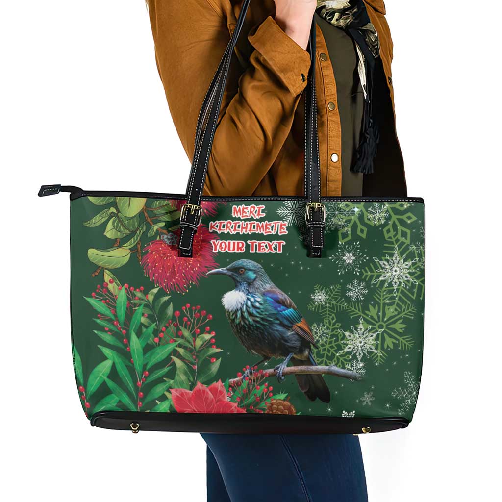 Tui Meri Kirihimete Personalised Leather Tote Bag Pohutukawa Flowers Green Motif - Aussie Hoodie