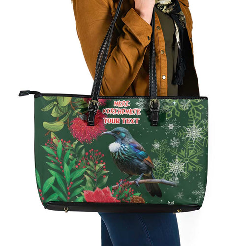 Tui Meri Kirihimete Personalised Leather Tote Bag Pohutukawa Flowers Green Motif - Aussie Hoodie