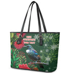 Tui Meri Kirihimete Personalised Leather Tote Bag Pohutukawa Flowers Green Motif - Aussie Hoodie
