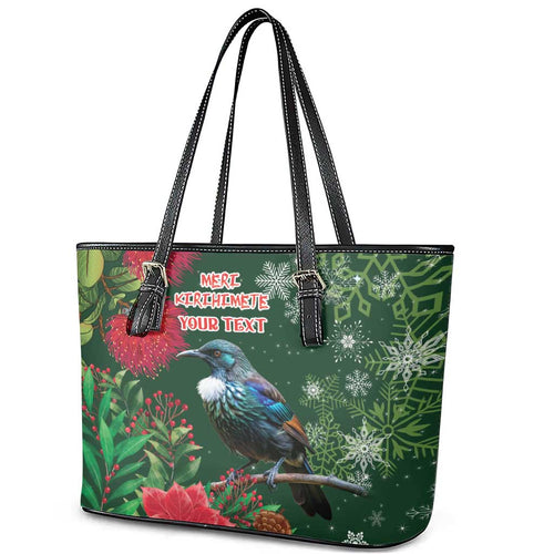 Tui Meri Kirihimete Personalised Leather Tote Bag Pohutukawa Flowers Green Motif - Aussie Hoodie