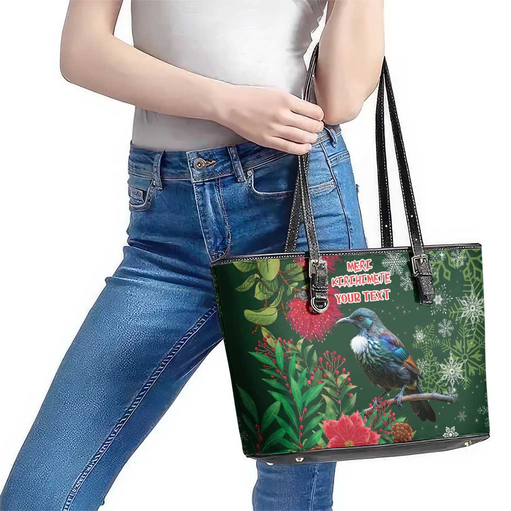 Tui Meri Kirihimete Personalised Leather Tote Bag Pohutukawa Flowers Green Motif - Aussie Hoodie