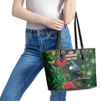 Tui Meri Kirihimete Personalised Leather Tote Bag Pohutukawa Flowers Green Motif - Aussie Hoodie