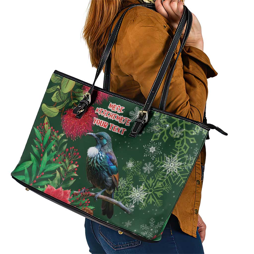 Tui Meri Kirihimete Personalised Leather Tote Bag Pohutukawa Flowers Green Motif - Aussie Hoodie