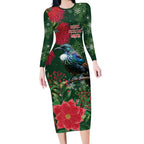 Tui Meri Kirihimete Personalised Long Sleeve Bodycon Dress Pohutukawa Flowers Green Motif - Aussie Hoodie