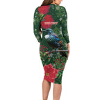 Tui Meri Kirihimete Personalised Long Sleeve Bodycon Dress Pohutukawa Flowers Green Motif - Aussie Hoodie