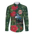 Tui Meri Kirihimete Personalised Long Sleeve Button Shirt Pohutukawa Flowers Green Motif - Aussie Hoodie