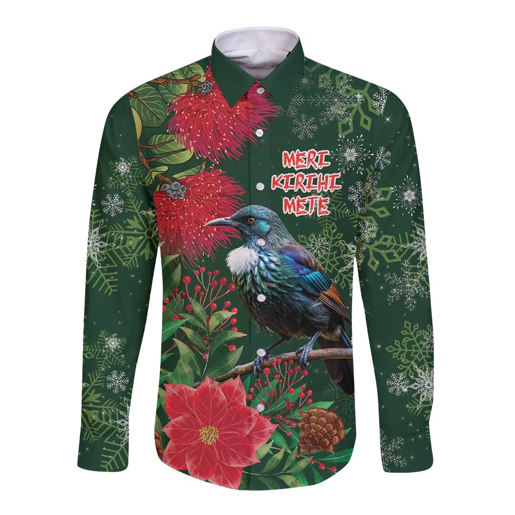 Tui Meri Kirihimete Personalised Long Sleeve Button Shirt Pohutukawa Flowers Green Motif - Aussie Hoodie