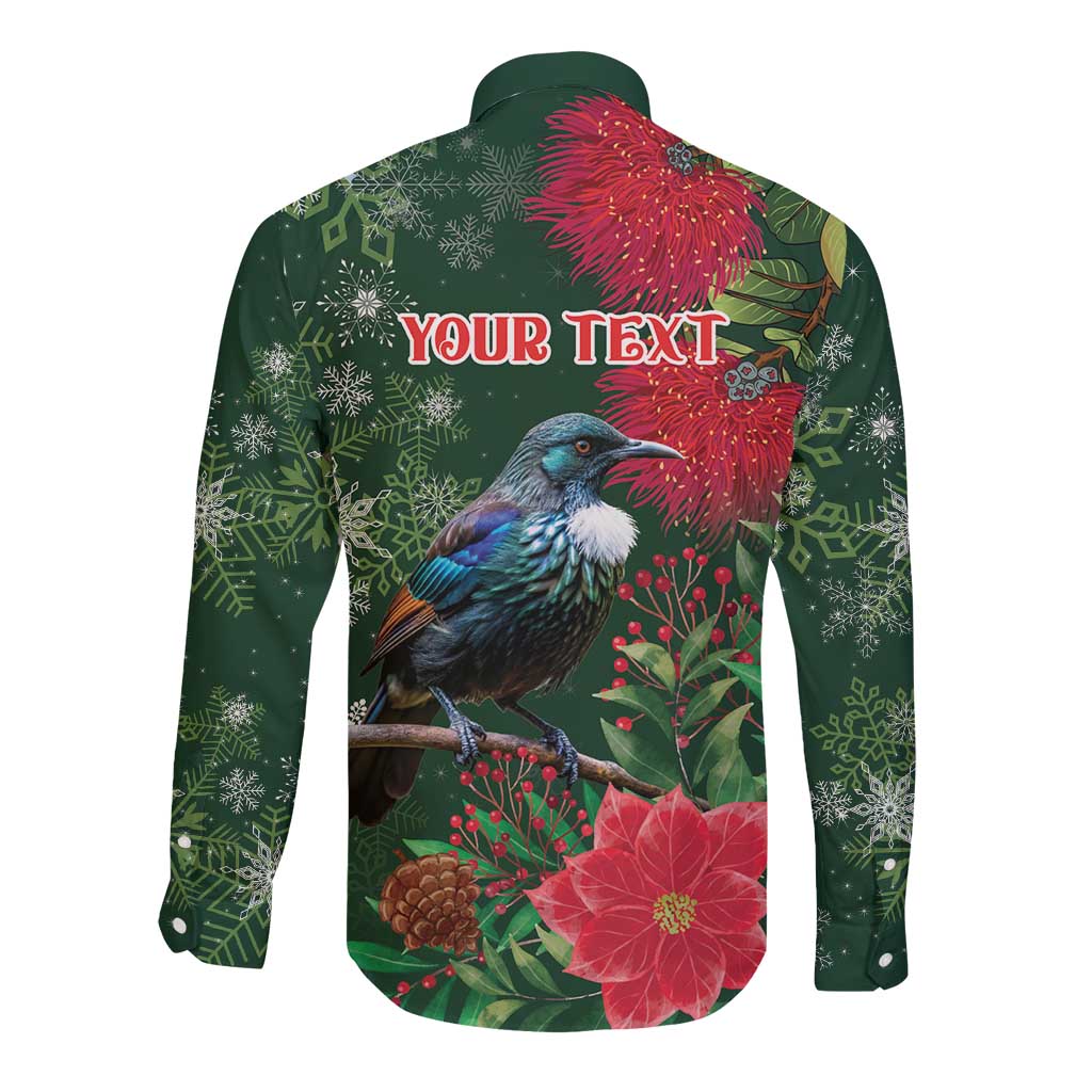 Tui Meri Kirihimete Personalised Long Sleeve Button Shirt Pohutukawa Flowers Green Motif - Aussie Hoodie
