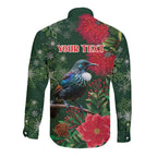 Tui Meri Kirihimete Personalised Long Sleeve Button Shirt Pohutukawa Flowers Green Motif - Aussie Hoodie