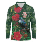Tui Meri Kirihimete Personalised Long Sleeve Polo Shirt Pohutukawa Flowers Green Motif - Aussie Hoodie