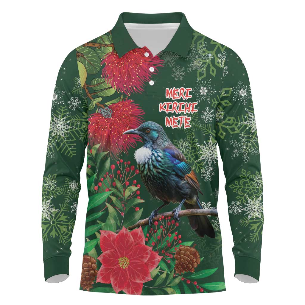 Tui Meri Kirihimete Personalised Long Sleeve Polo Shirt Pohutukawa Flowers Green Motif - Aussie Hoodie