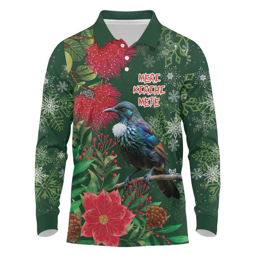 Tui Meri Kirihimete Personalised Long Sleeve Polo Shirt Pohutukawa Flowers Green Motif - Aussie Hoodie