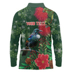 Tui Meri Kirihimete Personalised Long Sleeve Polo Shirt Pohutukawa Flowers Green Motif - Aussie Hoodie
