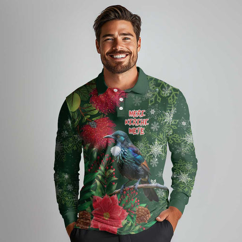 Tui Meri Kirihimete Personalised Long Sleeve Polo Shirt Pohutukawa Flowers Green Motif - Aussie Hoodie