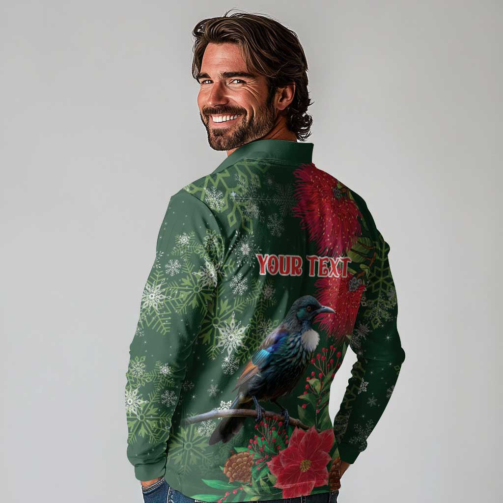 Tui Meri Kirihimete Personalised Long Sleeve Polo Shirt Pohutukawa Flowers Green Motif - Aussie Hoodie
