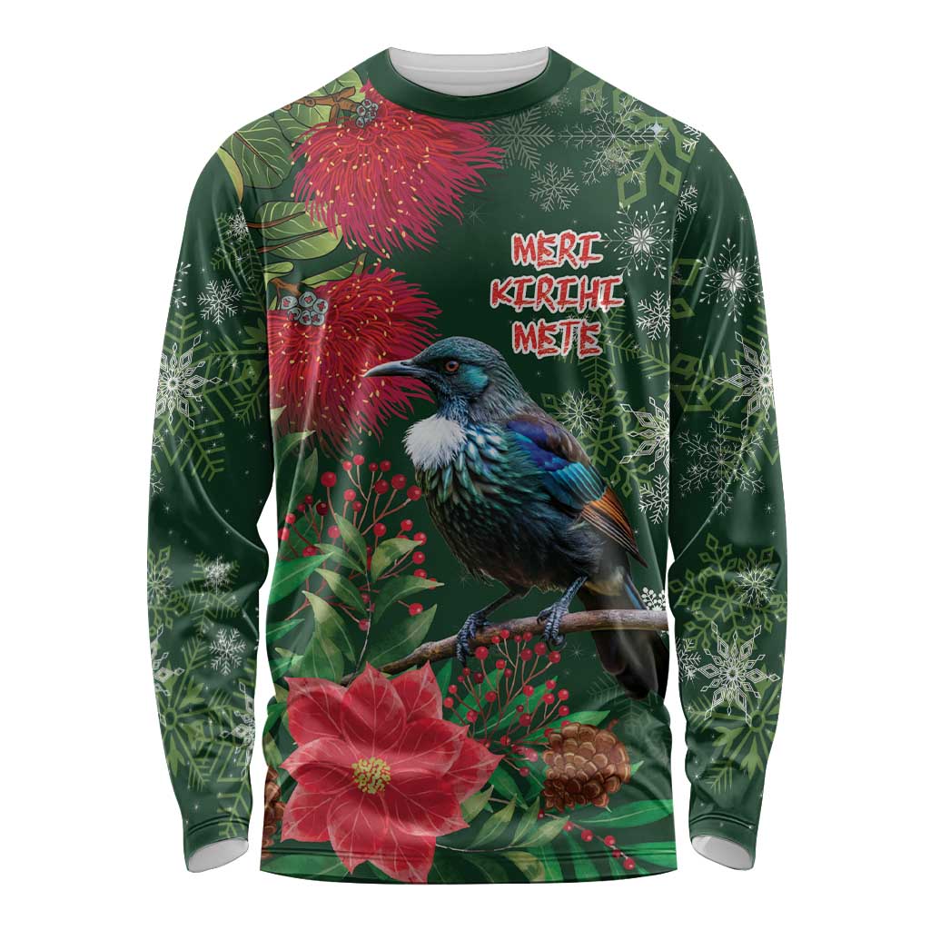 Tui Meri Kirihimete Personalised Long Sleeve Shirt Pohutukawa Flowers Green Motif - Aussie Hoodie