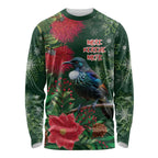 Tui Meri Kirihimete Personalised Long Sleeve Shirt Pohutukawa Flowers Green Motif - Aussie Hoodie