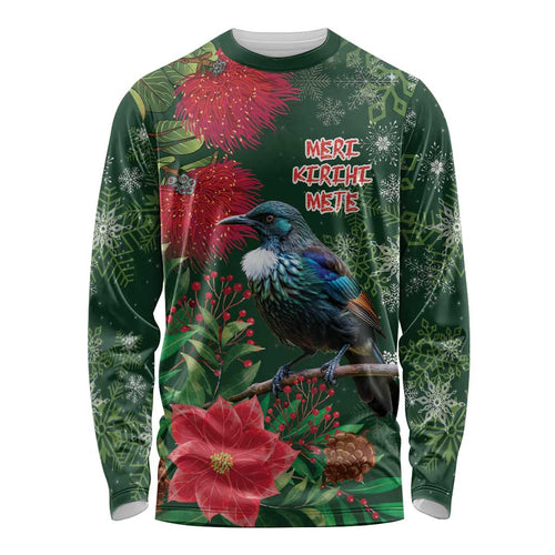 Tui Meri Kirihimete Personalised Long Sleeve Shirt Pohutukawa Flowers Green Motif - Aussie Hoodie