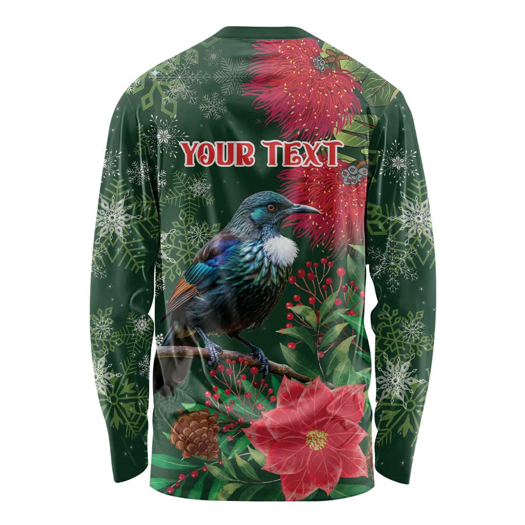 Tui Meri Kirihimete Personalised Long Sleeve Shirt Pohutukawa Flowers Green Motif - Aussie Hoodie