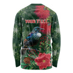 Tui Meri Kirihimete Personalised Long Sleeve Shirt Pohutukawa Flowers Green Motif - Aussie Hoodie
