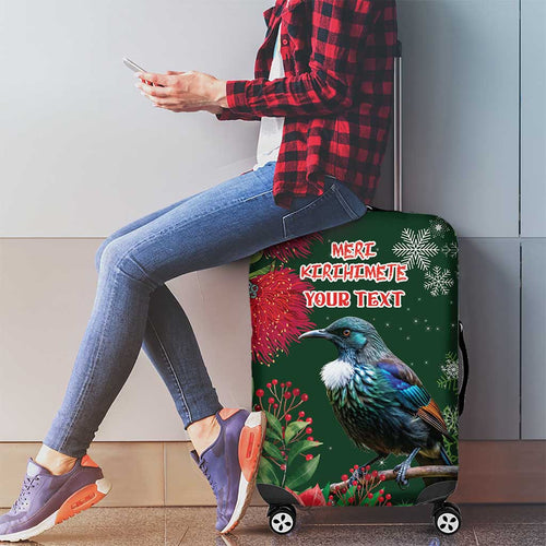 Tui Meri Kirihimete Personalised Luggage Cover Pohutukawa Flowers Green Motif - Aussie Hoodie
