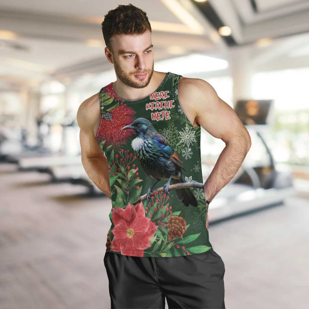 Tui Meri Kirihimete Personalised Men Tank Top Pohutukawa Flowers Green Motif - Aussie Hoodie