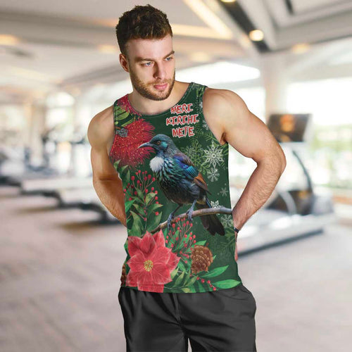 Tui Meri Kirihimete Personalised Men Tank Top Pohutukawa Flowers Green Motif - Aussie Hoodie