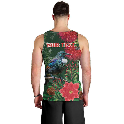 Tui Meri Kirihimete Personalised Men Tank Top Pohutukawa Flowers Green Motif - Aussie Hoodie